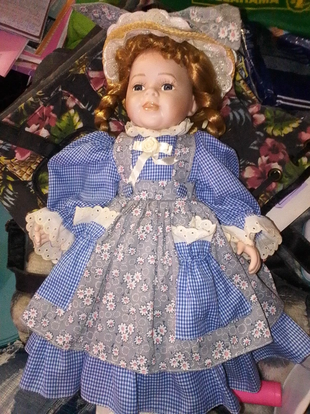 Vintage Porcelain Doll with Blue Dress