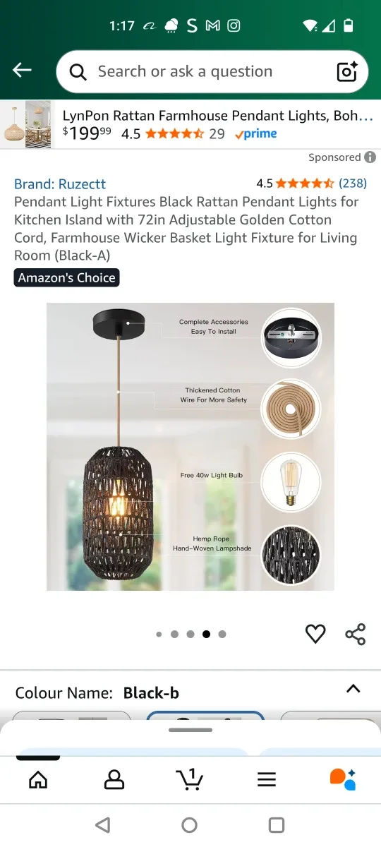 Ruzectt Rattan Farmhouse Pendant Light - Black