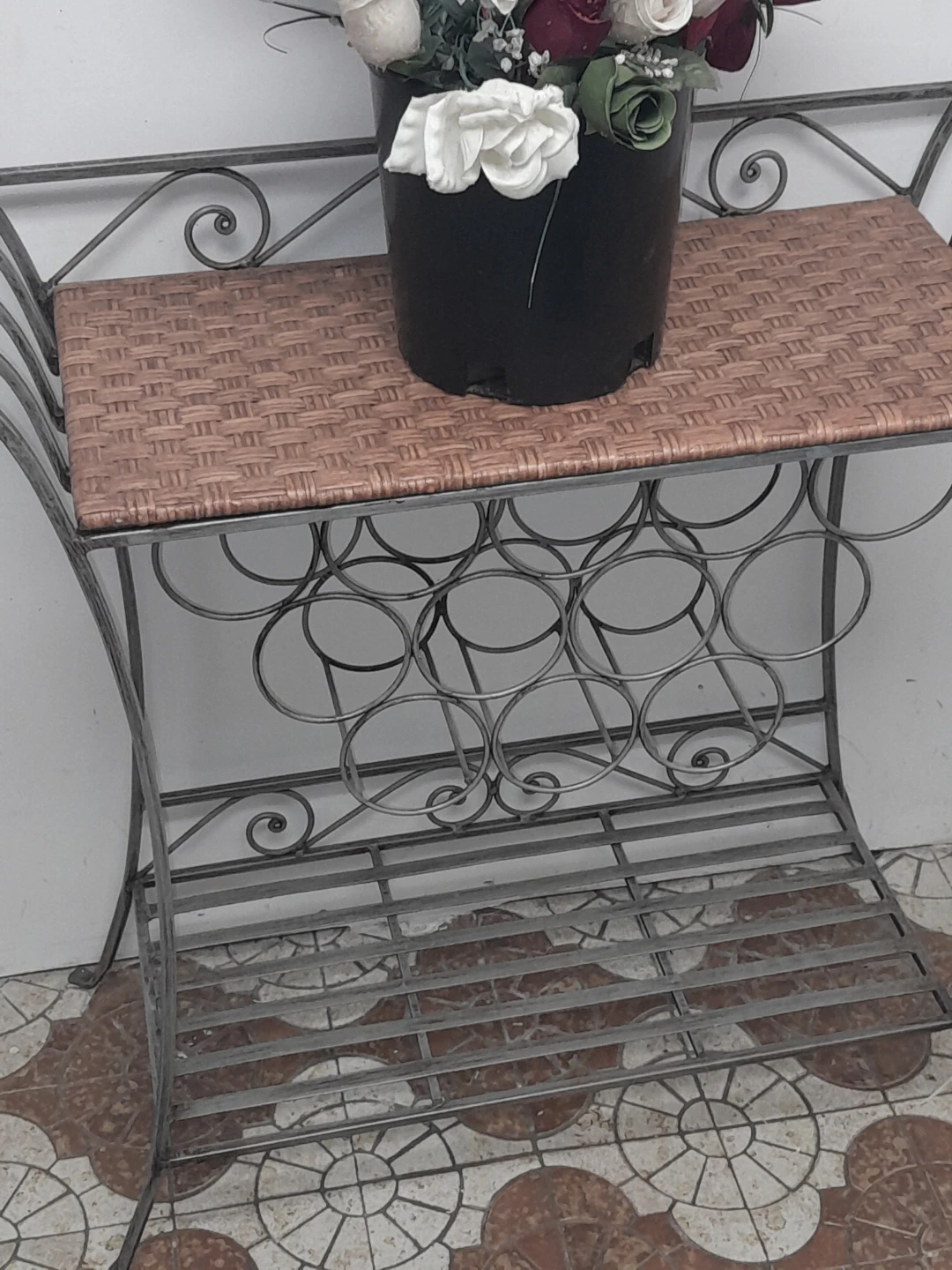 Wicker Top Metal Wine Rack Table