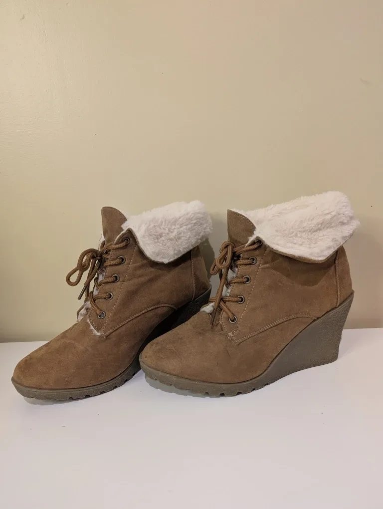 UGG Style Brown Wedge Heel Boots Size 8