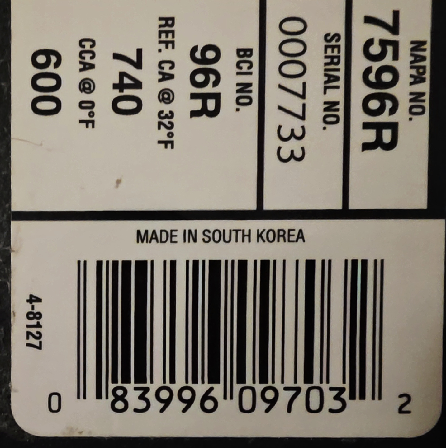 NAPA The Legend Professional Battery BCI No. 96R 600 A - photo 3