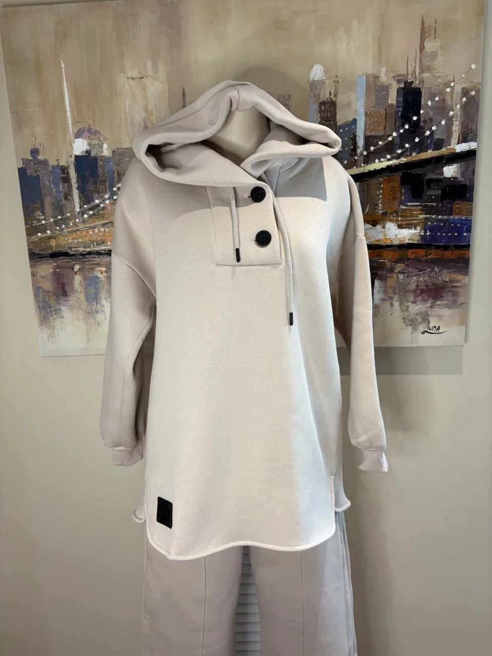 Beige Hoodie with Button Detail - photo 2