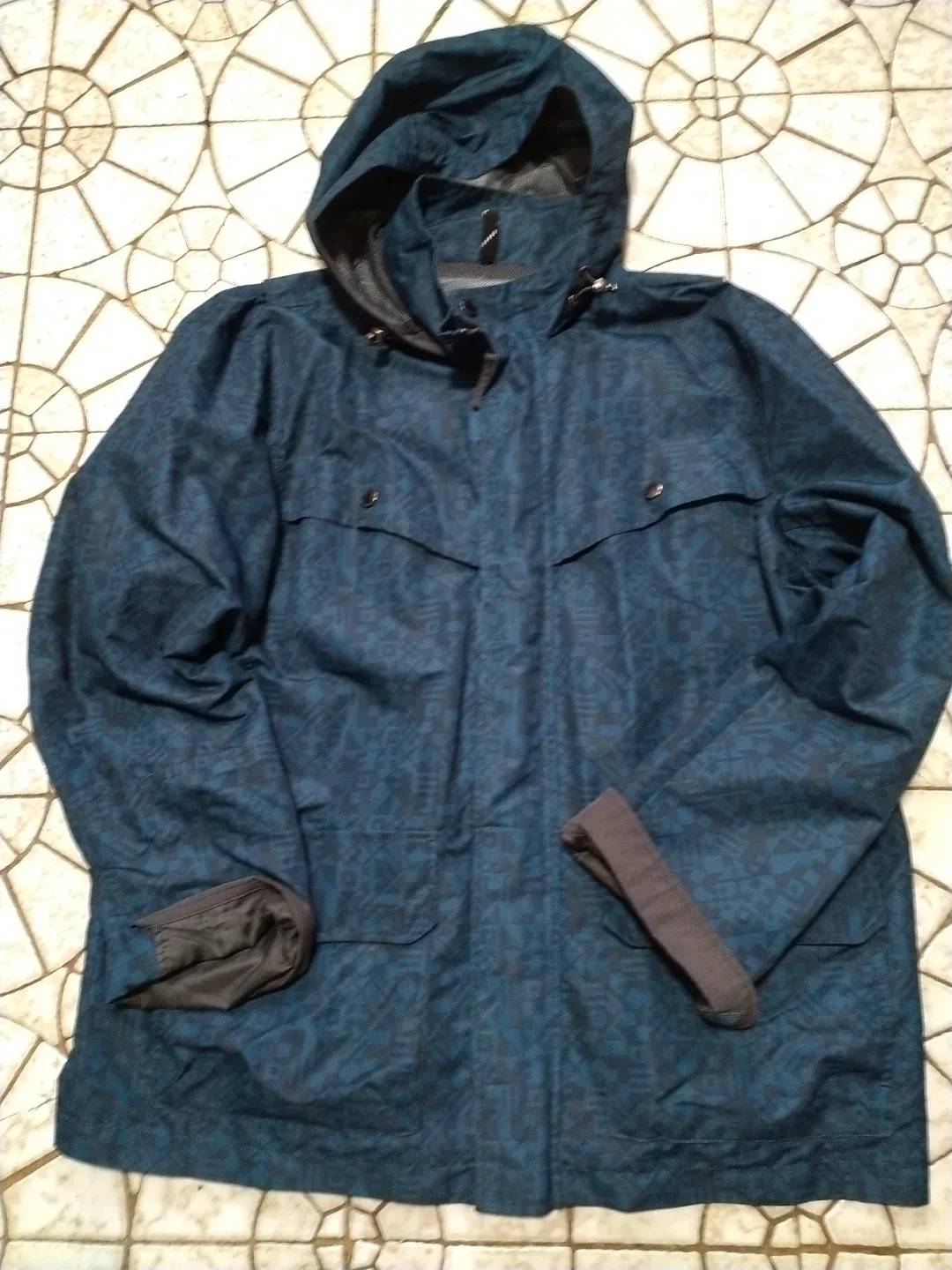 Lands' End Blue Patterned Hooded Rain Jacket - Size L