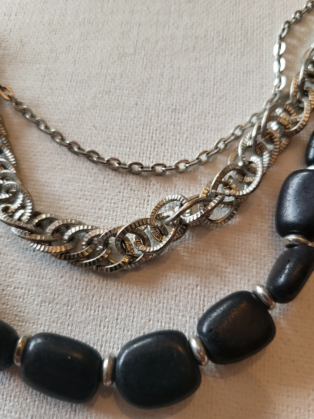 Vintage Layered Necklace - Black Beads & Silver Chains - photo 2