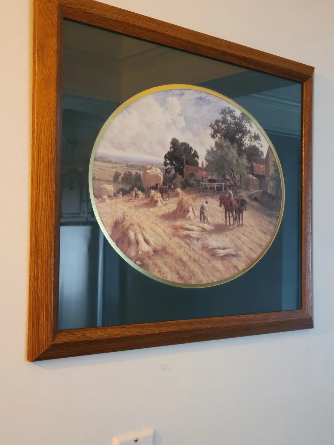 Vintage Henry H Parker Harvesting Picture in beautiful oak frame thumbnail