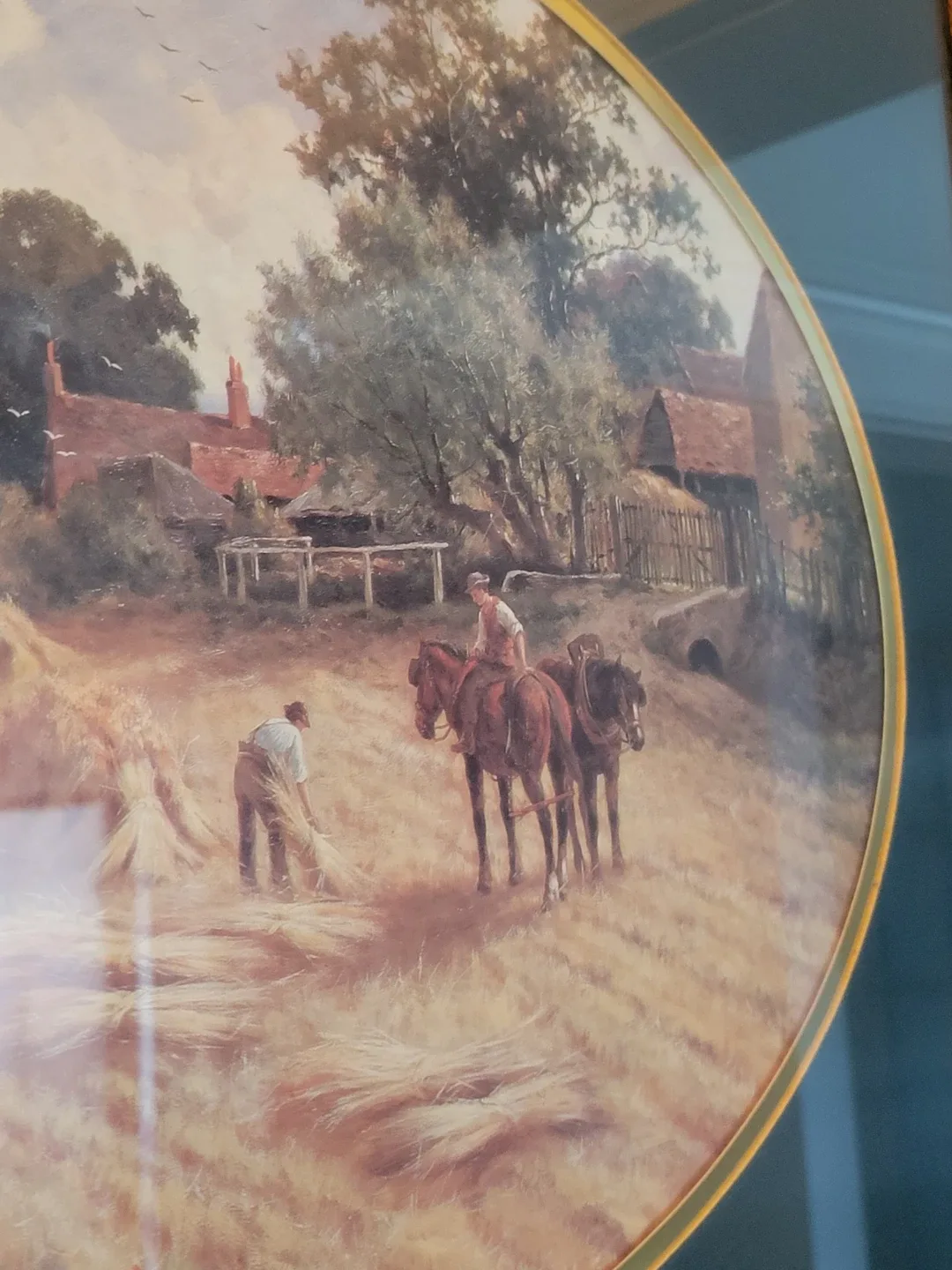 Vintage Henry H Parker Harvesting Picture in beautiful oak frame image indicator(3)