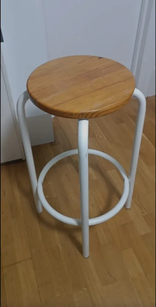 Vintage Wooden Top Stool with White Metal Legs