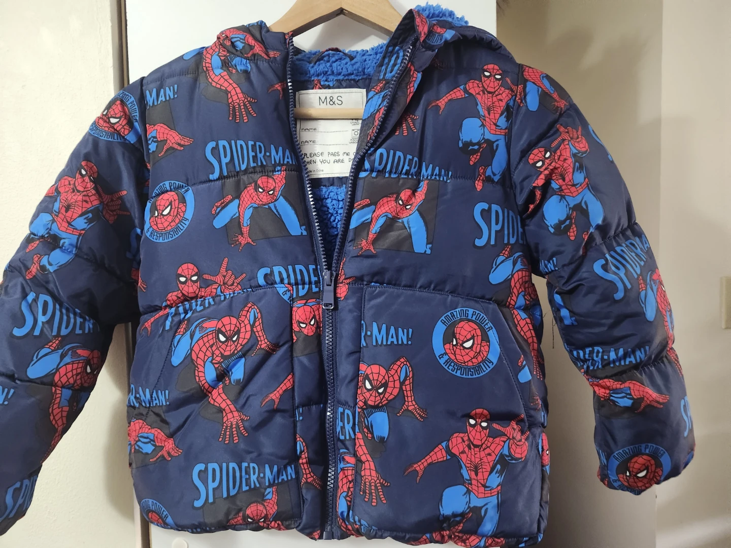 M&S Spiderman Puffer Jacket Size 6-7
