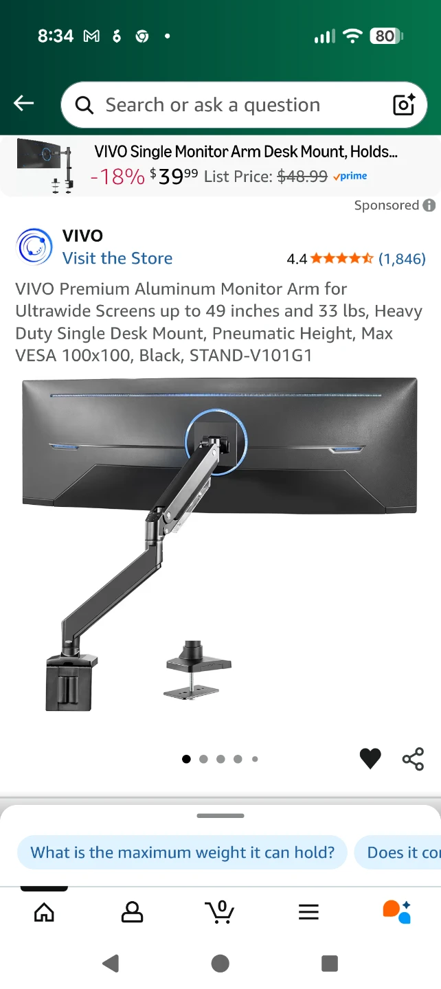 Vivo StandV101G1 - - Single Monitor Arm for up to 49" Screens