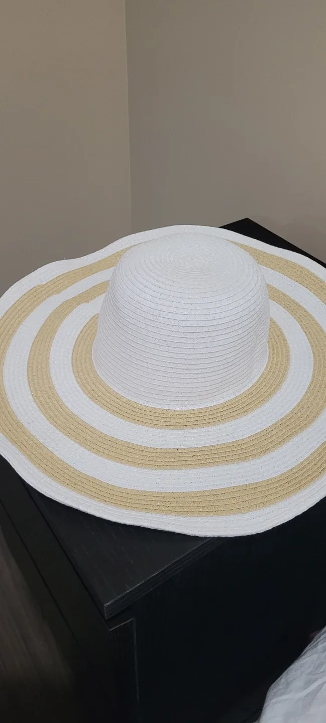 Striped Floppy Hat - Beige and White thumbnail