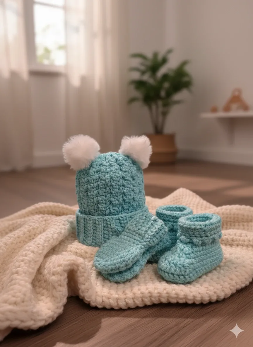 Crochet Baby Hat, Booties & Mittens Set