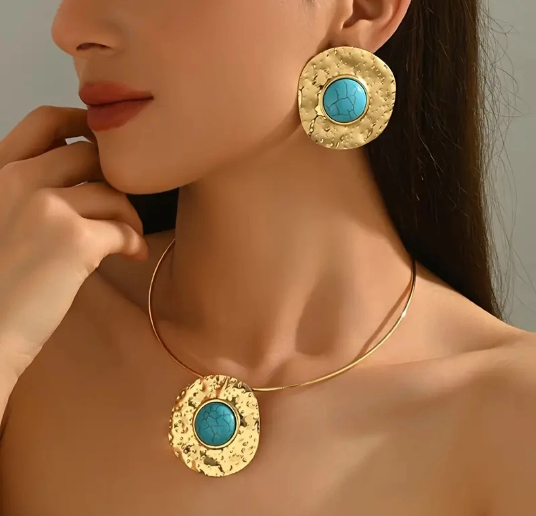 Turquoise Stone Necklace & Earring Set in gold and silver - photo 3