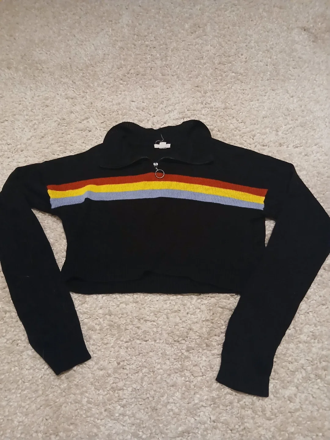 Black Cropped Crewneck with Rainbow Stripe