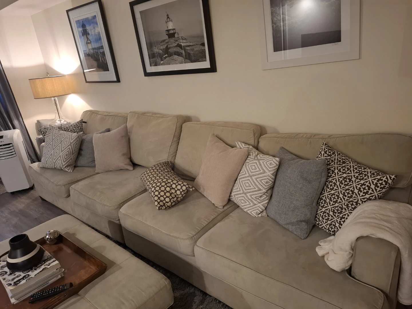 Beige Sectional Sofa with Pillows and table - photo 2