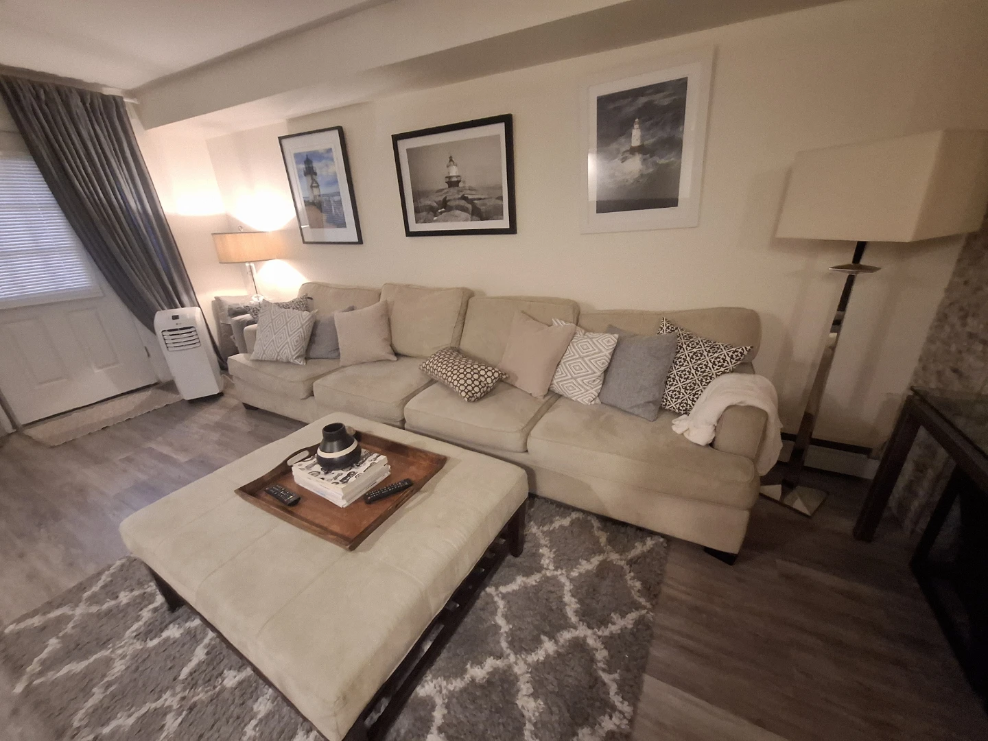 Beige Sectional Sofa with Pillows and table - photo 3
