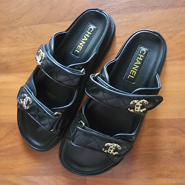 Chanel Black Leather Sandals, Size 37