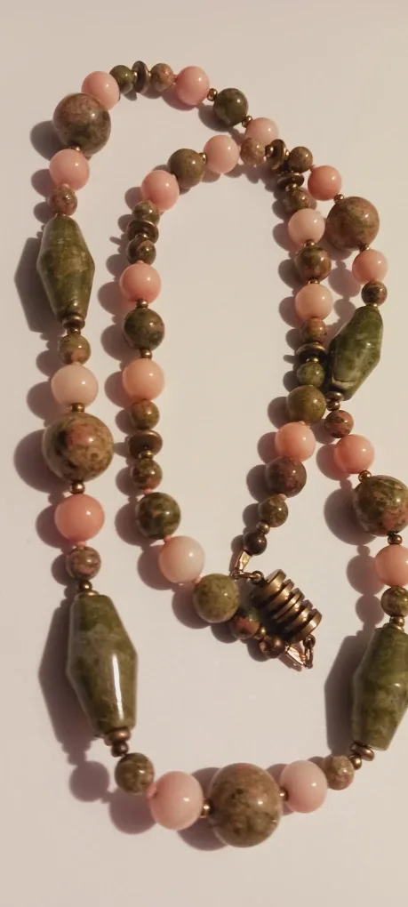 Genuine Unakite Stone & Angel Skin Coral Beaded Necklace