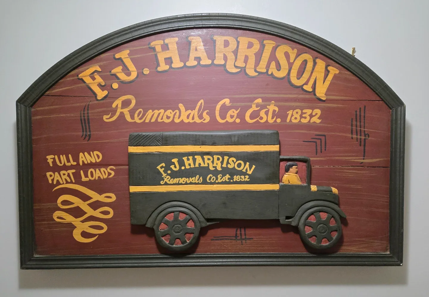 Vintage F.J. Harrison Removals Co. Est. 1832 Sign