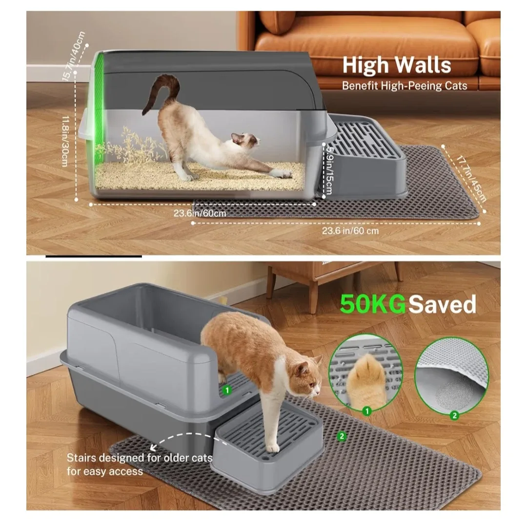 Grey High-Wall Cat Litter Box with Stairs image indicator(2)
