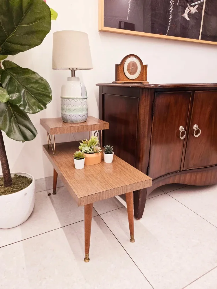 MCM 2 Tier Walnut End Table With Brass Accents