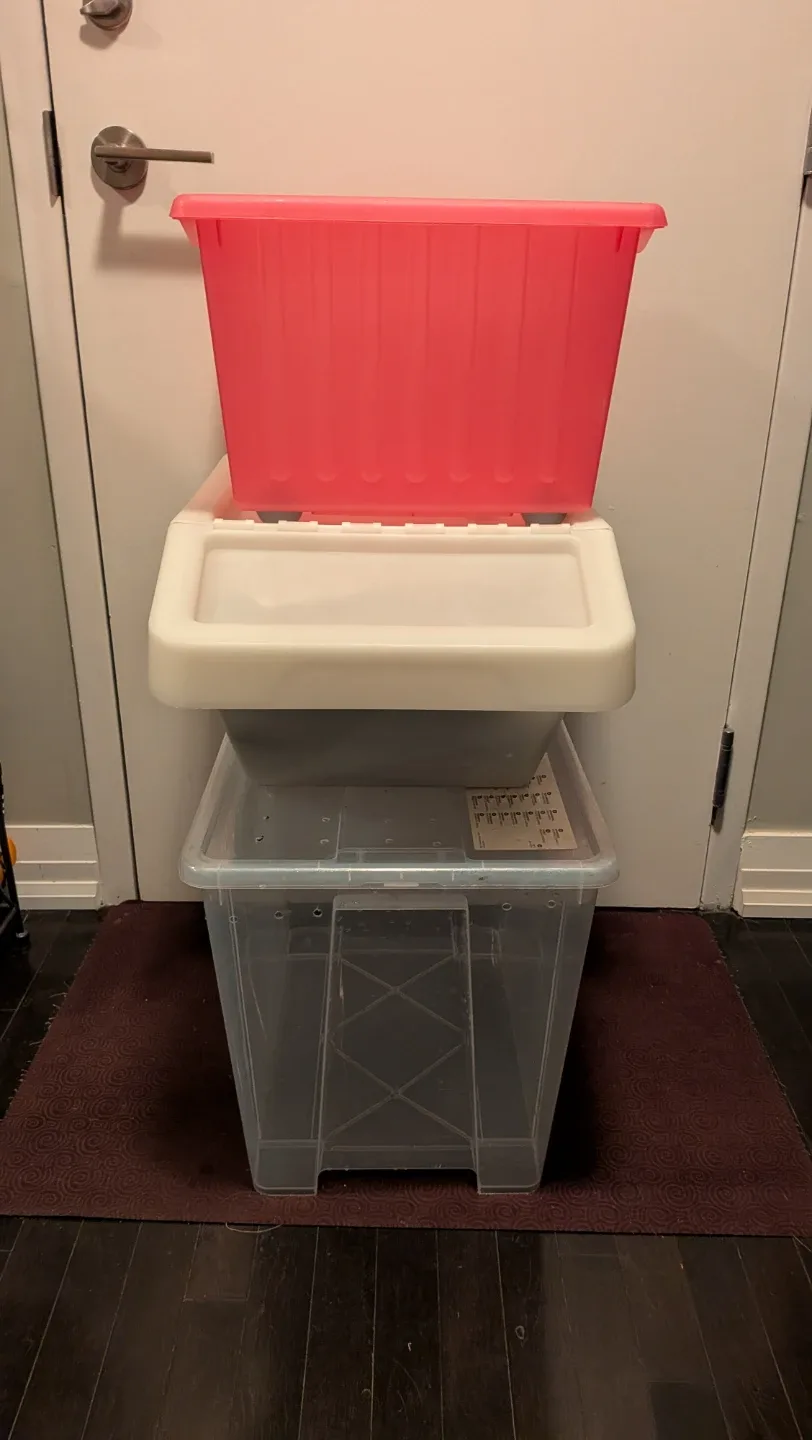 3 Storage Bins w/Lids - Pink, Clear and White image indicator(3)