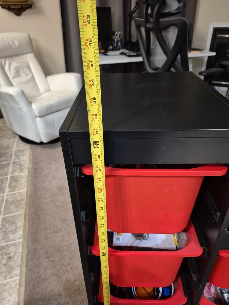 Black Storage Shelf with Red Bins image indicator(3)