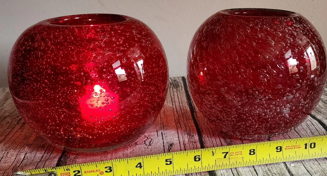 Heavy Red Bubble Glass Candle Holders - Set of 2