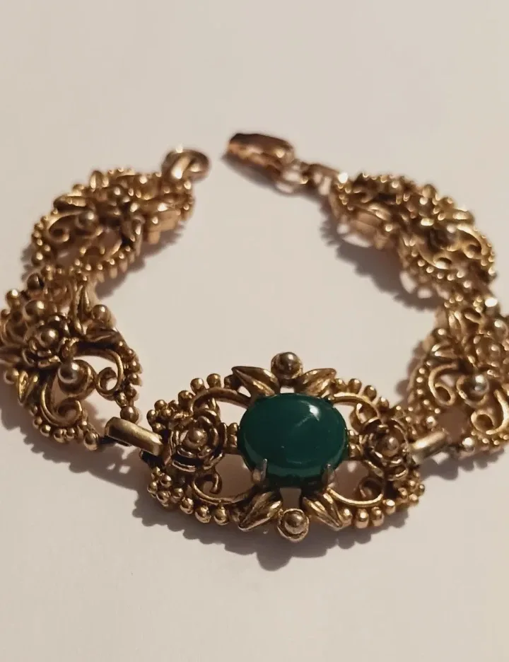 Gold Tone Filigree Austro Hungarian Style Green Onyx Bracelet thumbnail