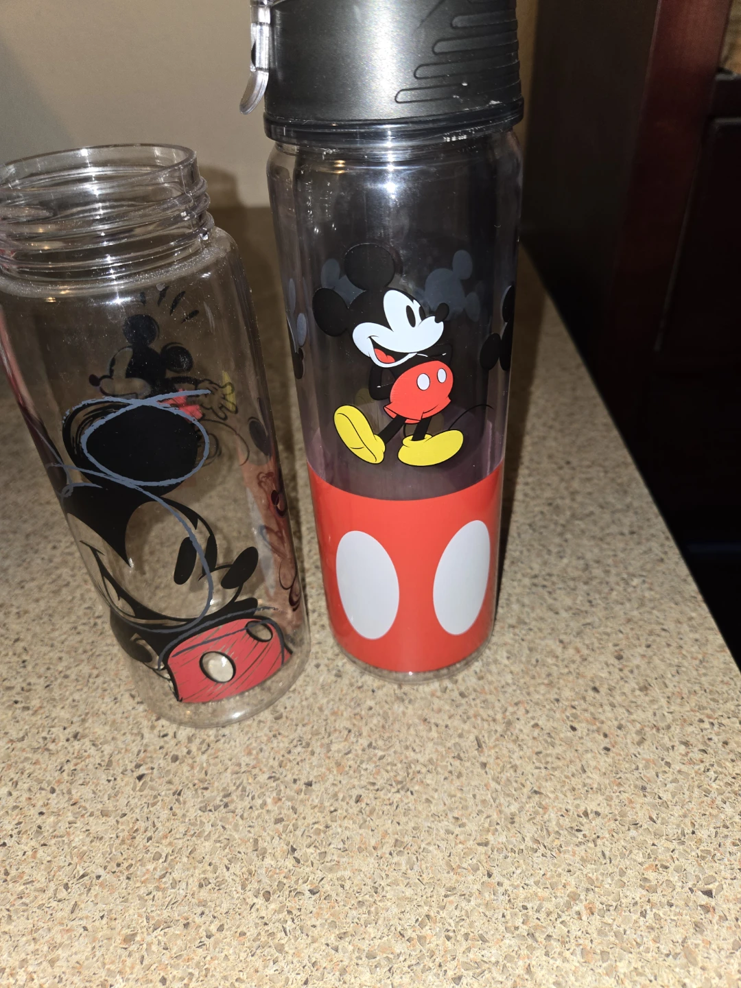 2 Mickey Mouse Water Bottles with 1 Interchangeable lid
