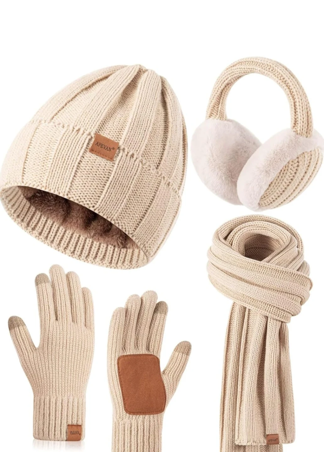 Apevan Winter Set: Beanie, Earmuffs, Scarf & Gloves - Beige