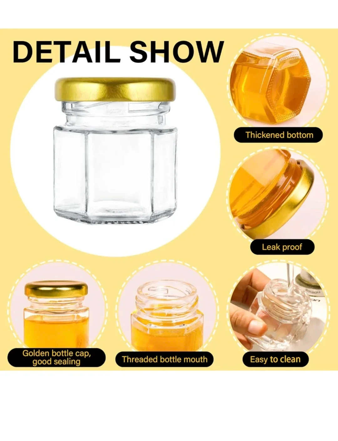 Mini Glass Honey Jars - 1.5oz Hexagon Jars 40pcs image indicator(3)