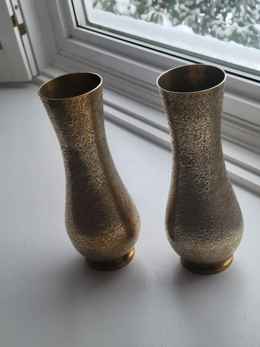 Vintage Ornate Brass Etched Floral Vases.Christmas Decor. 10"t image indicator(8)