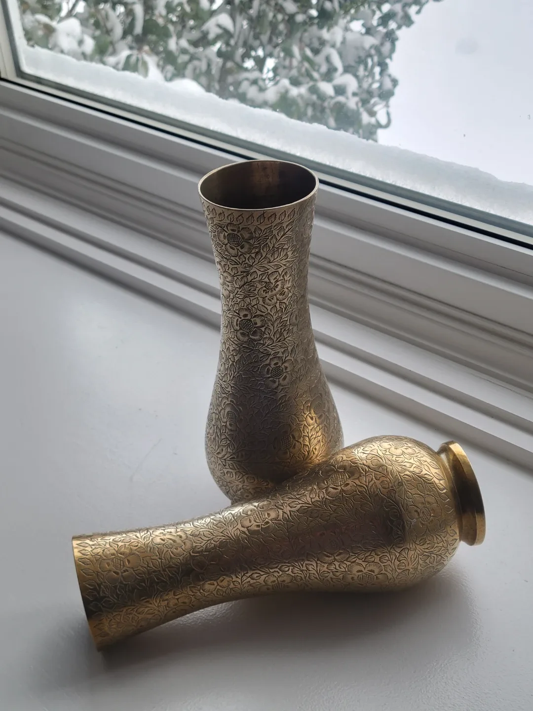 Vintage Ornate Brass Etched Floral Vases.Christmas Decor. 10"t image indicator(6)