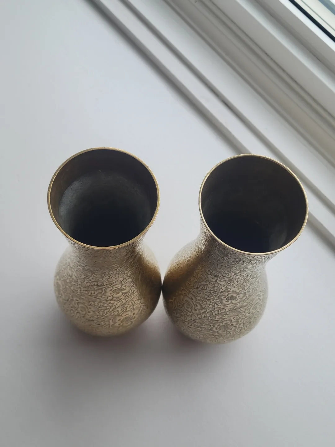 Vintage Ornate Brass Etched Floral Vases.Christmas Decor. 10"t image indicator(10)