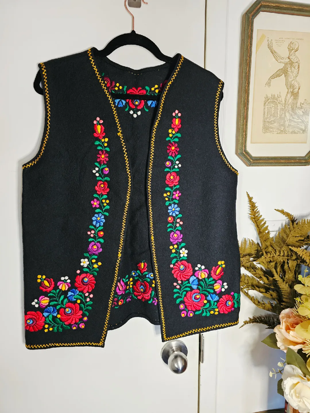 Hungarian Folk Floral Embroidered Black Wool Felt Matyo Vest