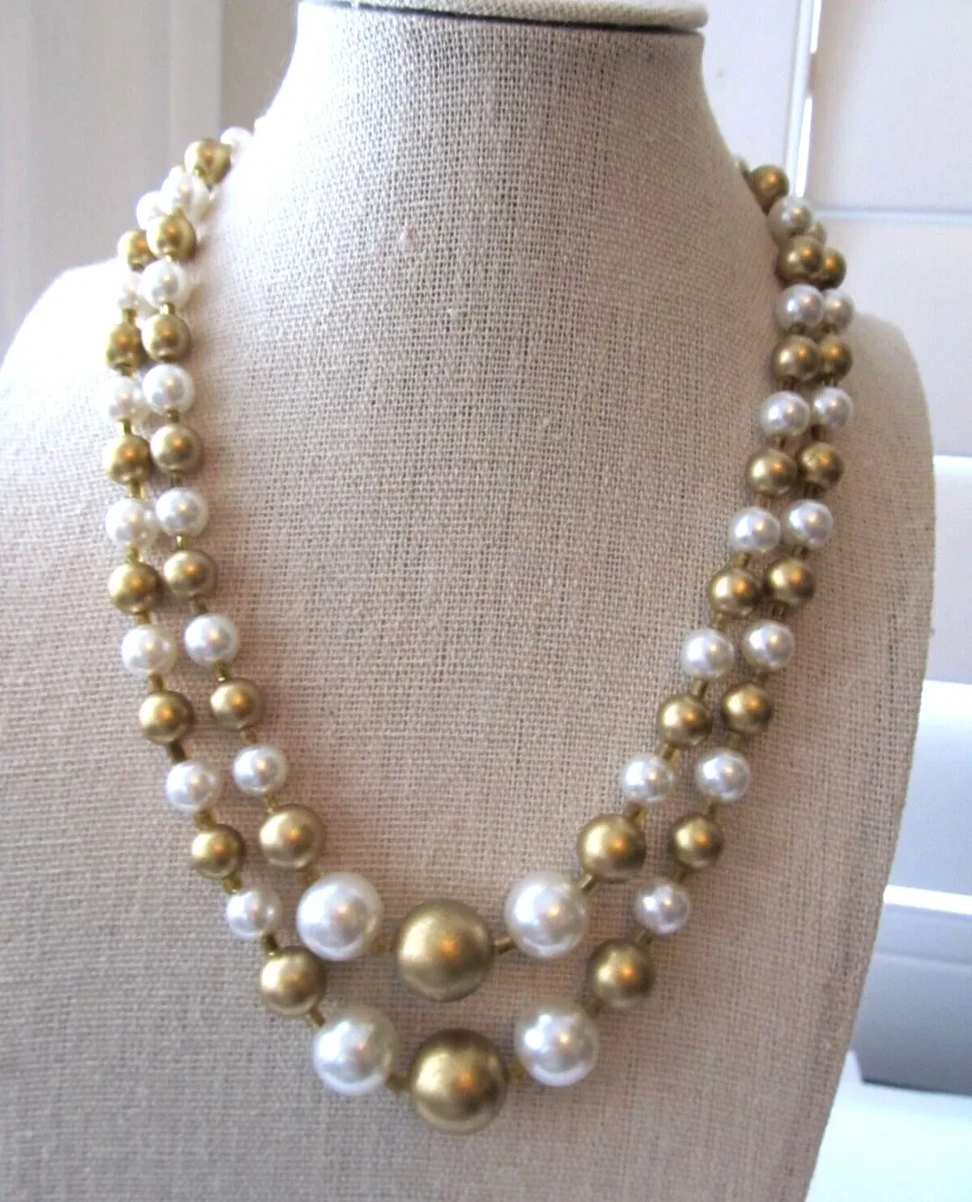 Gold&Faux pearl double strand necklace thumbnail