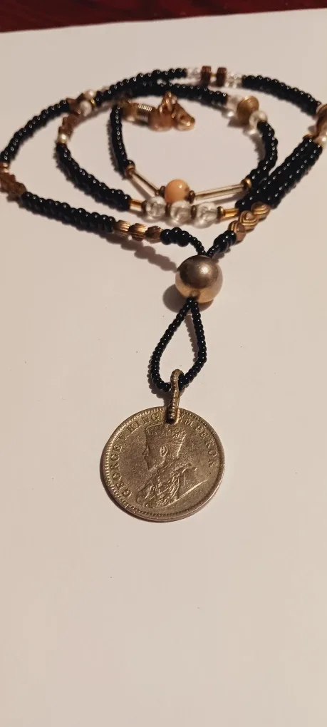 Vintage Coin Pendant Beaded Necklace