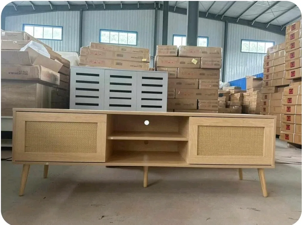 Wooden TV Stand with Rattan Doors