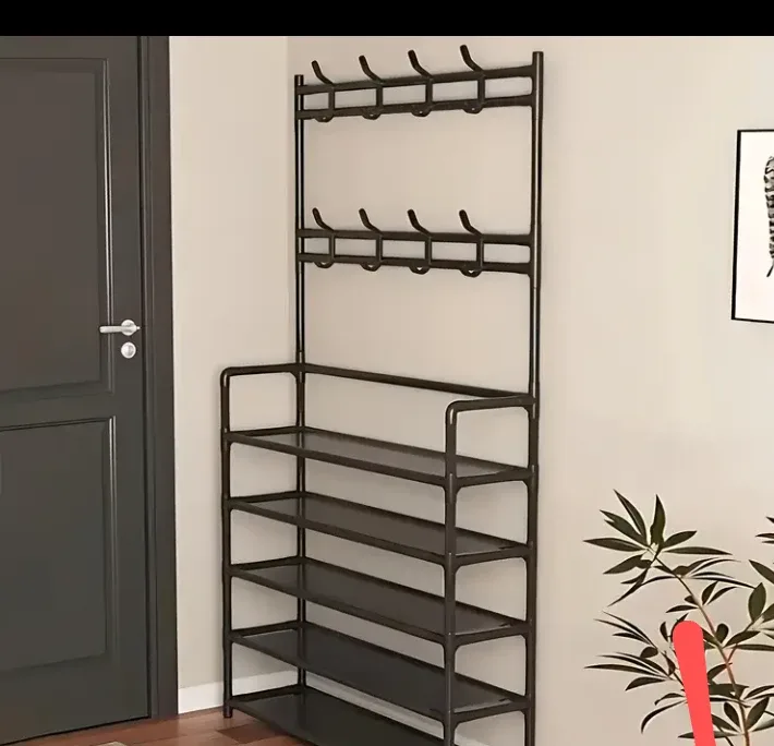 Shoe Rack Organizer with Coat Hooks - Brown