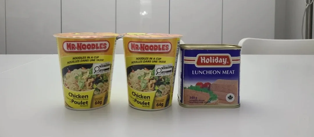 Two Mr. Noodles Chicken Noodle Cup & Luncheon Meat