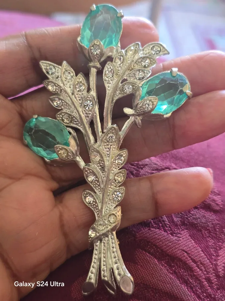 Vintage Silver Tone Floral Brooch with Aqua Blue Stones