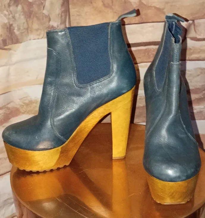 Blue Leather Platform Ankle Boots sz 5 image indicator(3)