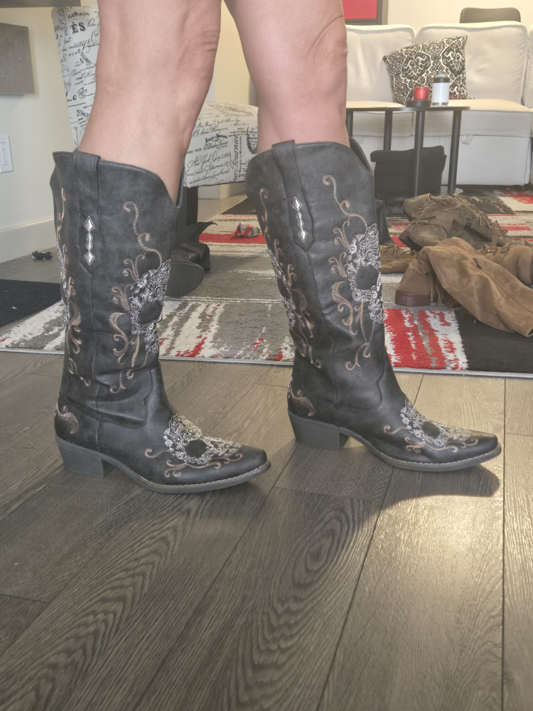 Black Embroidered Skull Boots - photo 2