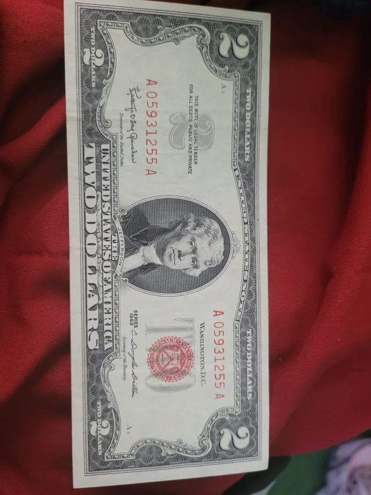 2 Dollar Bill  from 1963 with Red Seal And Red numbers image indicator(2)