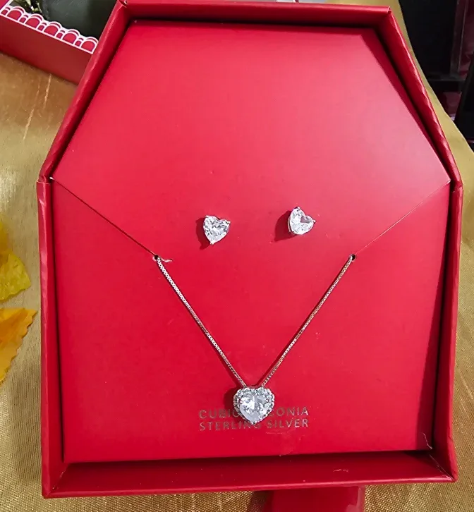 New Cubic Zirconia Sterling Silver Heart Necklace & Earrings