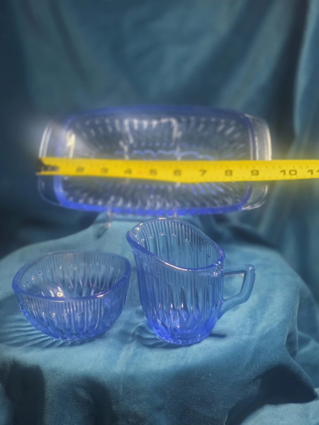 Vintage Blue Glass Creamer, Sugar Bowl, Tray Set - photo 2