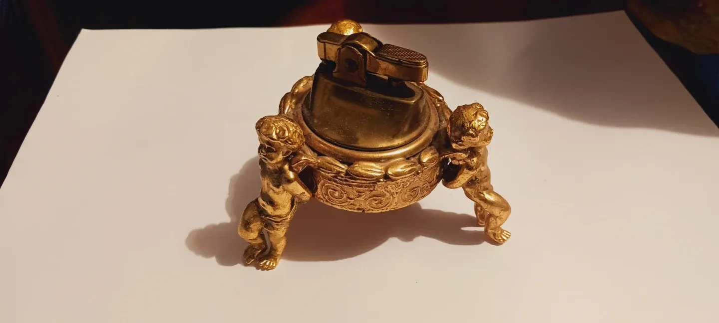 Gorgeous Vintage Gold Tone Brass Cherub  Lighter. thumbnail