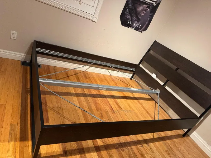 Modern Dark Brown Bed Frame - Sturdy Metal Center Support