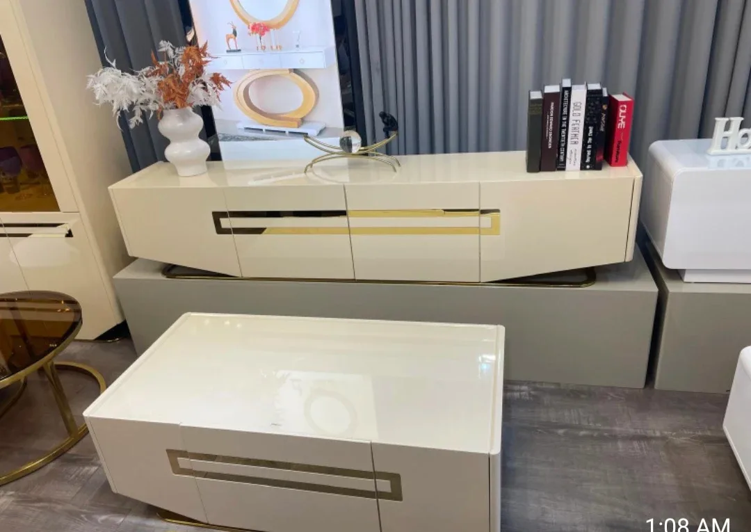Modern White & Gold TV Stand & Coffee Table Set