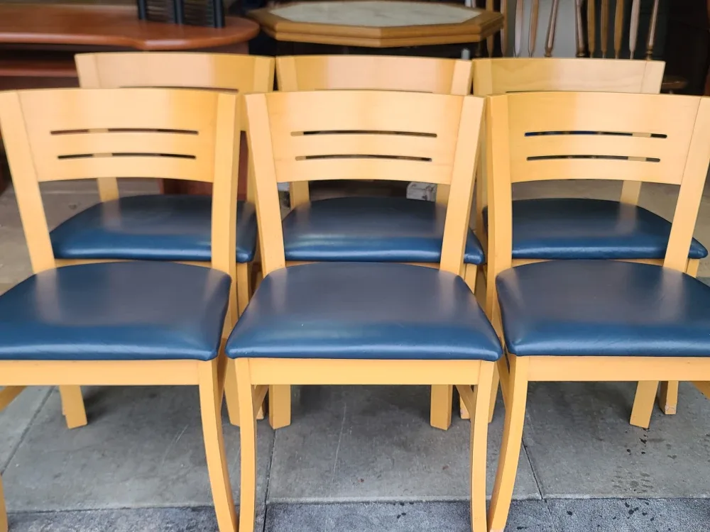 Set of 6 Wooden Chairs with Blue Seats